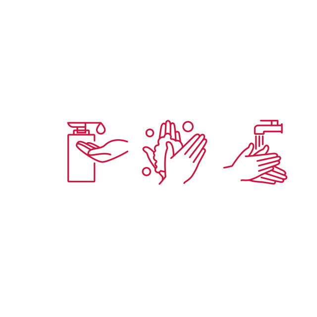 Graphics of 3 hand procedures when washing hands. Apply soap, clean, and rinse thoroughly.