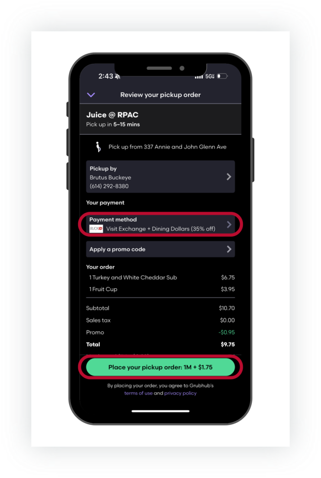 A student could pay for their meal with one Visit Exchange and $6.95 Dining Dollars (35% off)